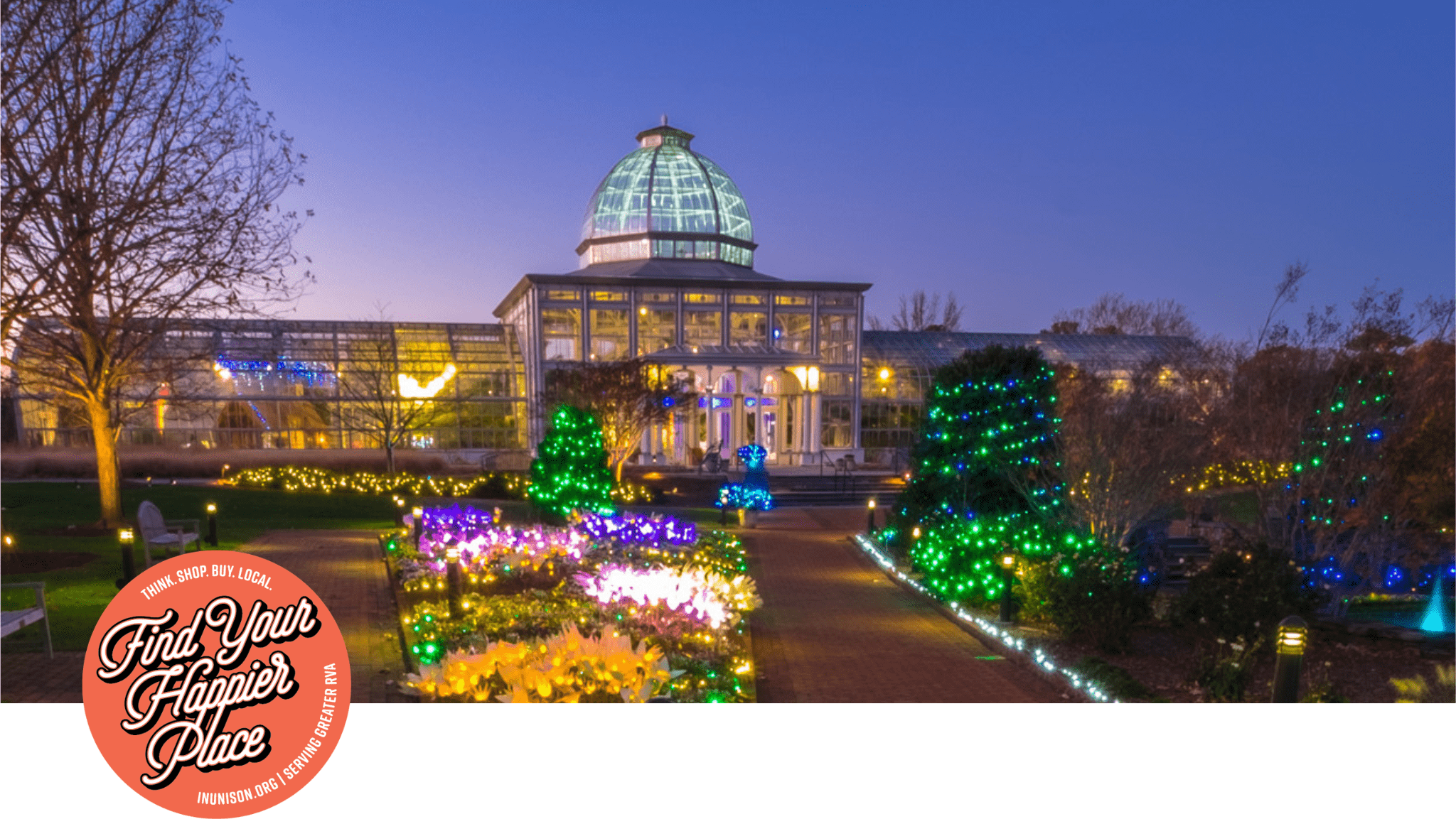 holiday lights at the conservatory at Lewis Ginter Botanical Garden