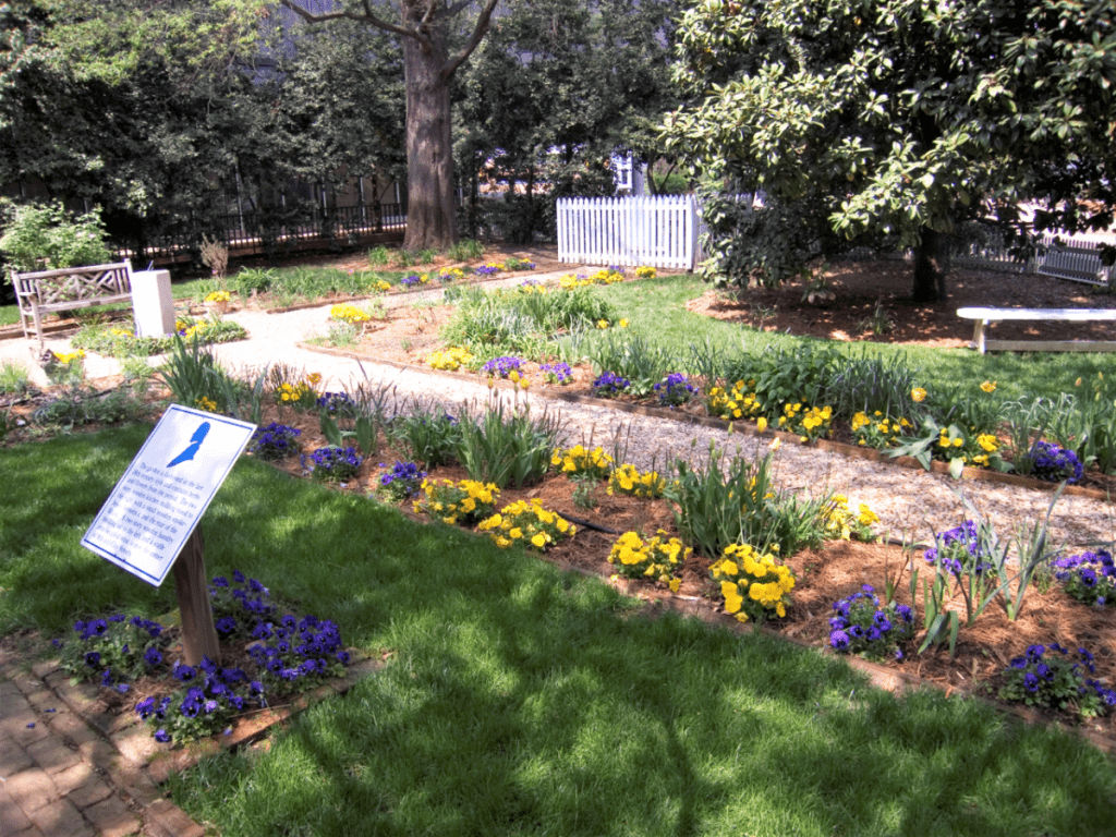The gardens and an informational marker at The John Marshall House