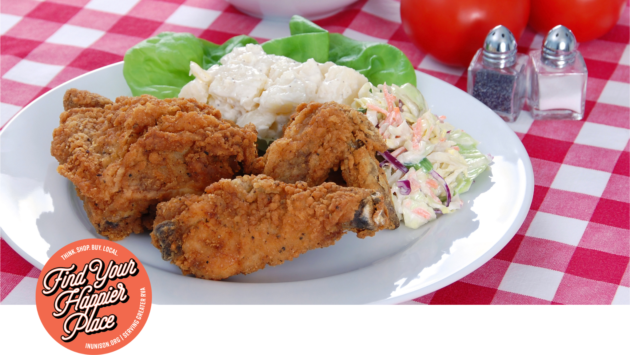 fried chicken on a picnic table with a red gingham tablecloth