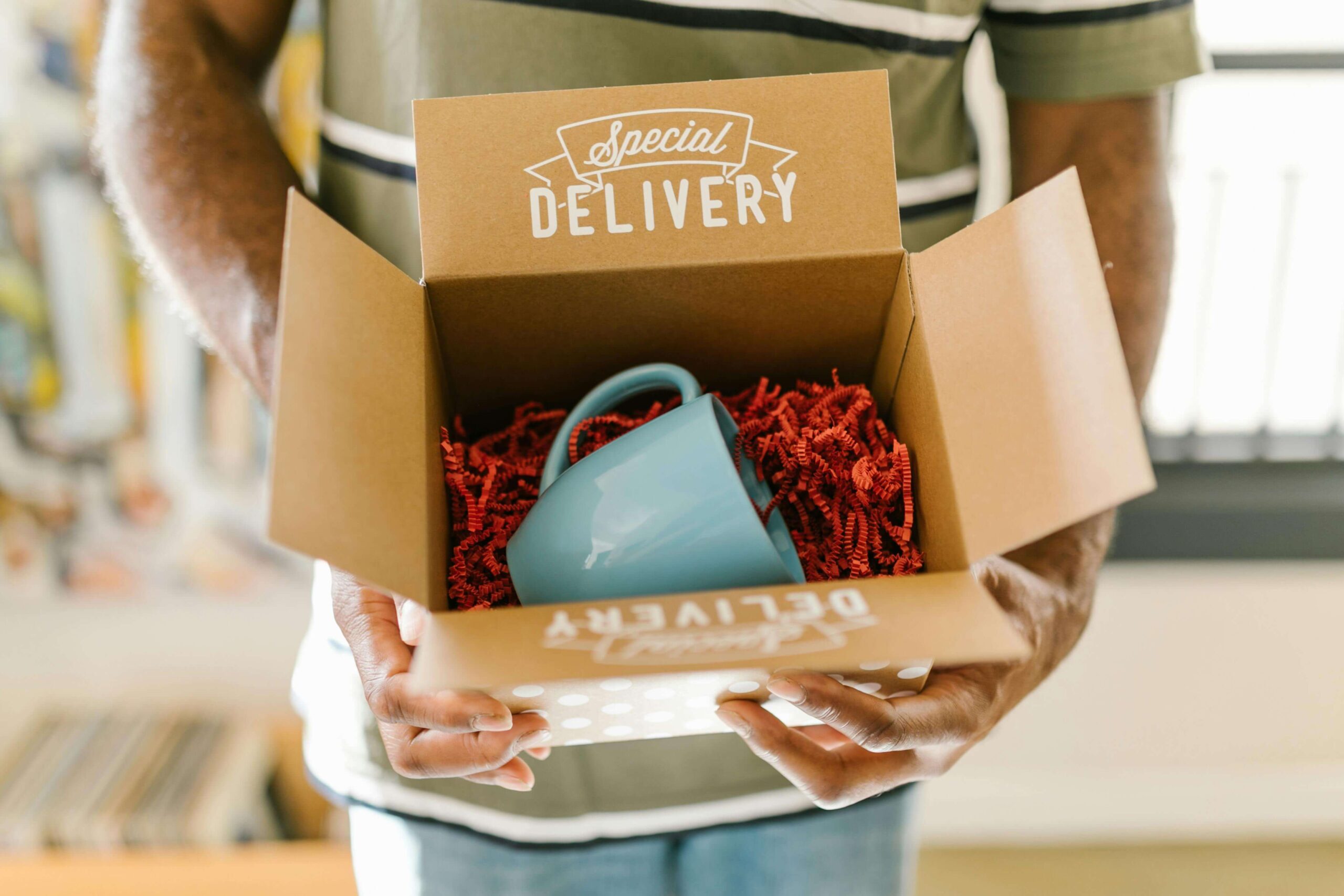 man holding a box with a cup in it